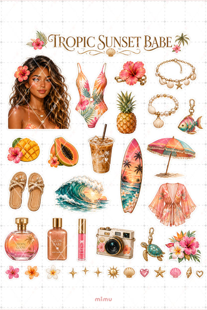 Island Girl Glow Sticker Seti Tropikal Plaj Kız Temalı 2li Dekoratif Etiket