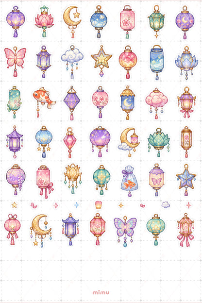 Pixel Art Fener Sticker Seti Lantern Işık ve Gece Temalı Dekoratif 2'li Etiket