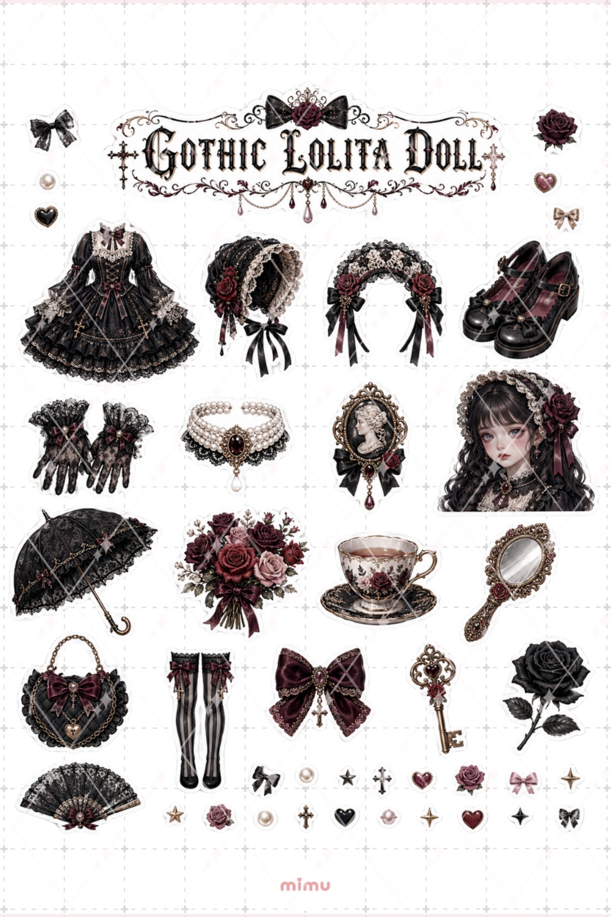 Gothic Lolita Doll Sticker Seti Siyah Bordo Dantel Gotik 2li Etiket