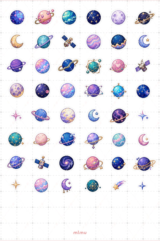 Pixel Art Gezegen Sticker Seti Planets Uzay Temalı Dekoratif 2'li Etiket