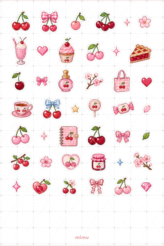 Pixel Art Kiraz Sticker Seti Cherry Meyve Temalı Dekoratif 2'li Etiket
