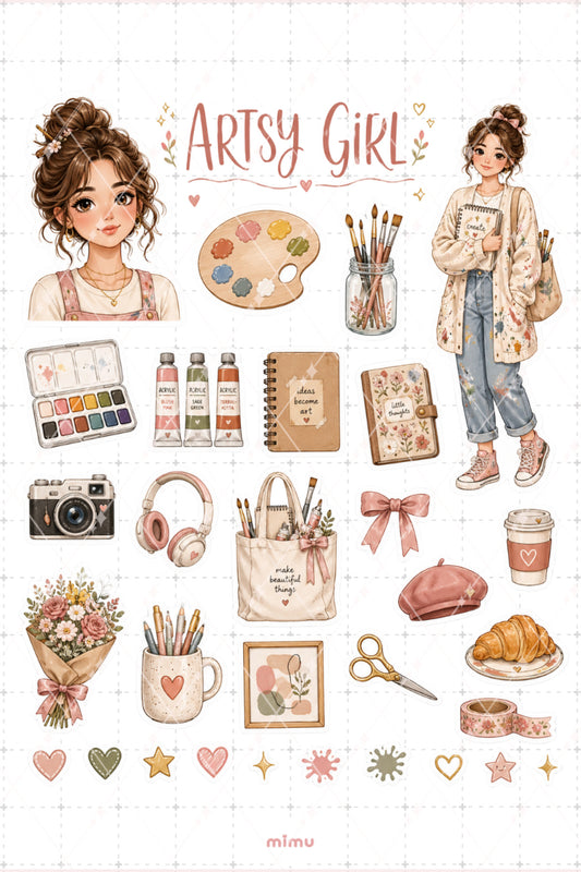 Artsy Girl Sticker Seti Sanatçı Kız Resim Temalı 2li Dekoratif Etiket