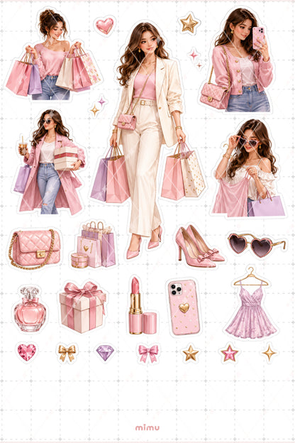 Alışveriş Kızı Sticker Seti Pembe Moda Stil Temalı Dekoratif 2'li Etiket