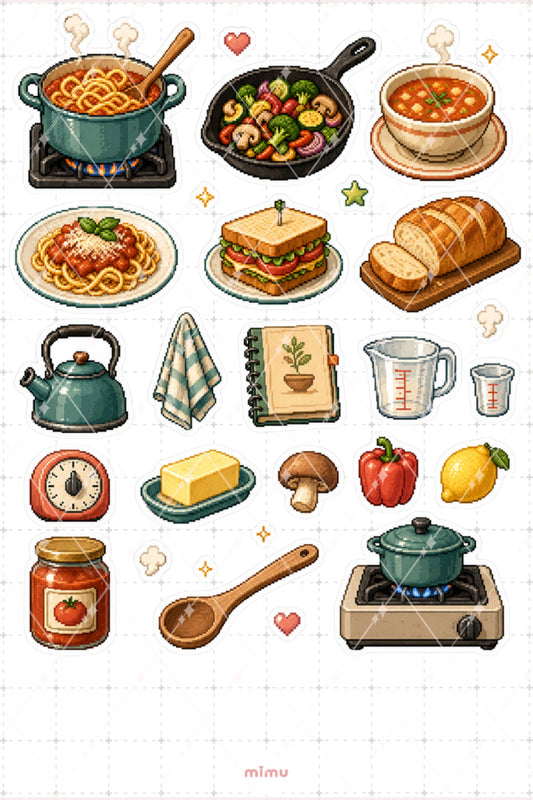 Pixel Art Yemek Yapma Sticker Seti Mutfak ve Tarif Temalı Dekoratif 2'li Etiket