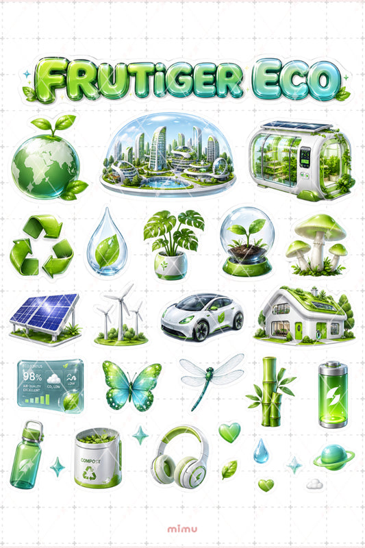FruTiger Eco Sticker Seti Yeşil Mavi Doğa Teknoloji Estetiği 2li Etiket