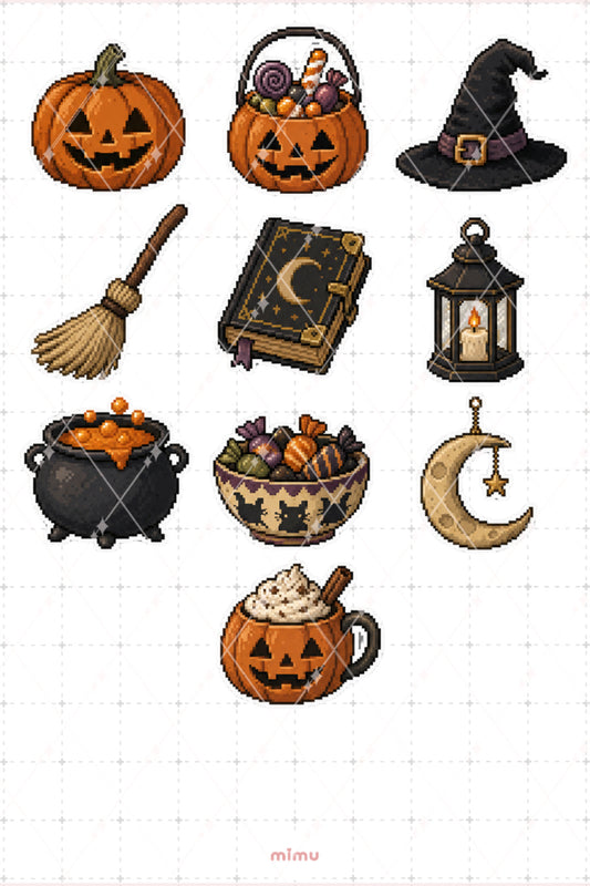 Pixel Art Halloween Sticker Seti Balkabağı ve Cadı Temalı Dekoratif 2'li Etiket