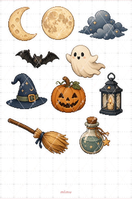 Pixel Art Halloween Sticker Seti Ay ve Hayalet Temalı Dekoratif 2'li Etiket