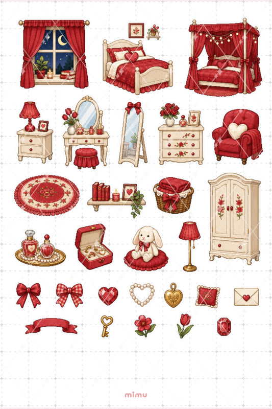 Pixel Art Kırmızı Yatak Odası Sticker Seti Romantik Oda Dekoru Temalı Dekoratif 2'li Etiket