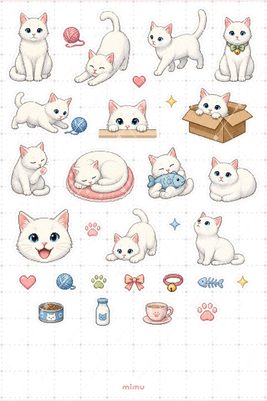 Pixel Art Beyaz Kedi Sticker Seti White Cat Patili Dost Temalı Dekoratif 2'li Etiket