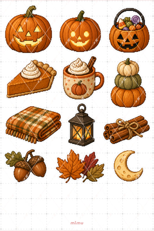 Pixel Art Halloween Sticker Seti Balkabağı ve Sonbahar Temalı Dekoratif 2'li Etiket