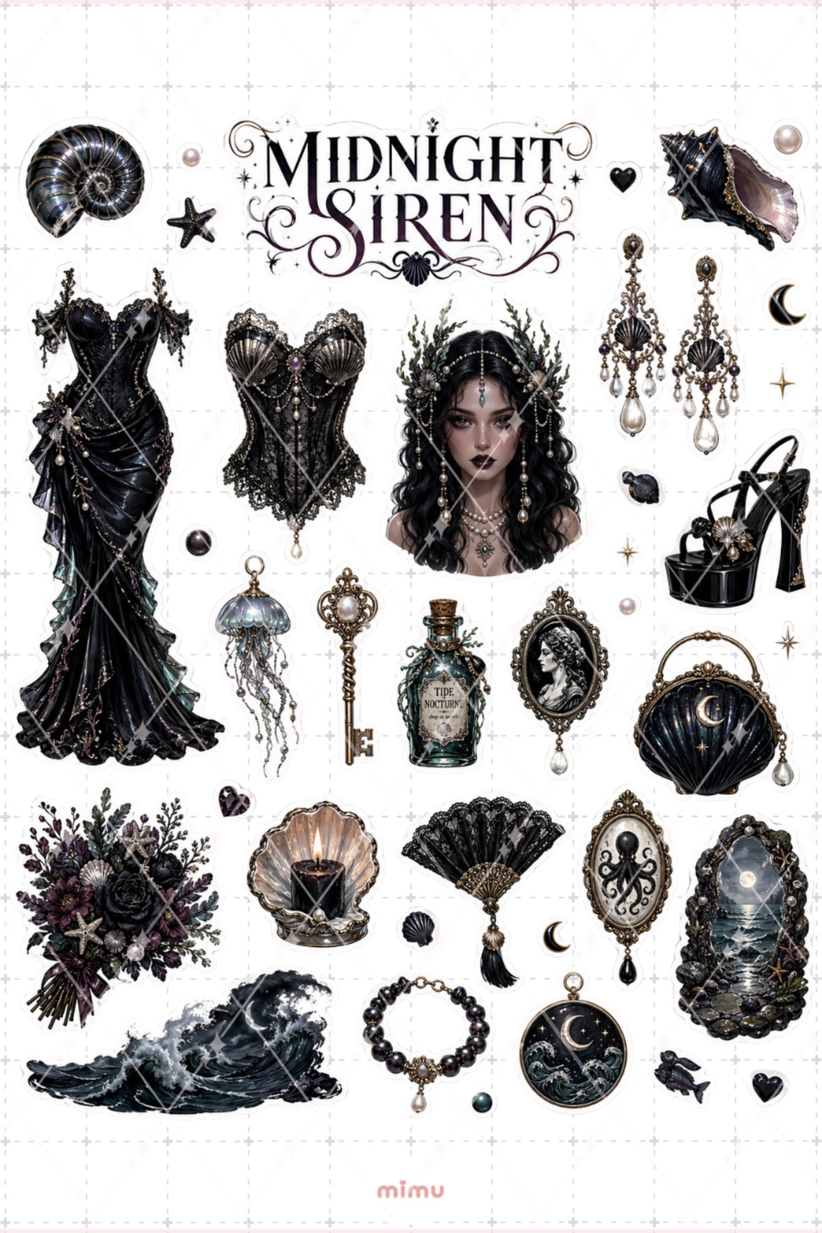Siren Core Sticker Seti Siyah Deniz Kızı Gotik Deniz Temalı 2li Dekoratif Etiket