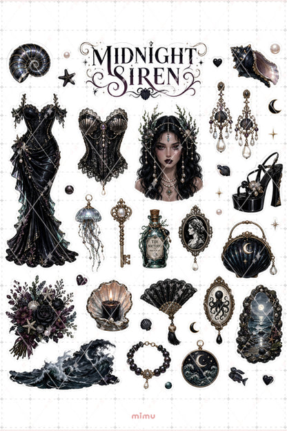 Siren Core Sticker Seti Siyah Deniz Kızı Gotik Deniz Temalı 2li Dekoratif Etiket