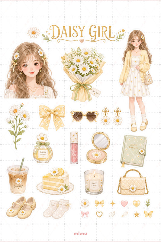 Daisy Girl Sticker Seti Sarı Papatya Kız Temalı 2li Dekoratif Etiket
