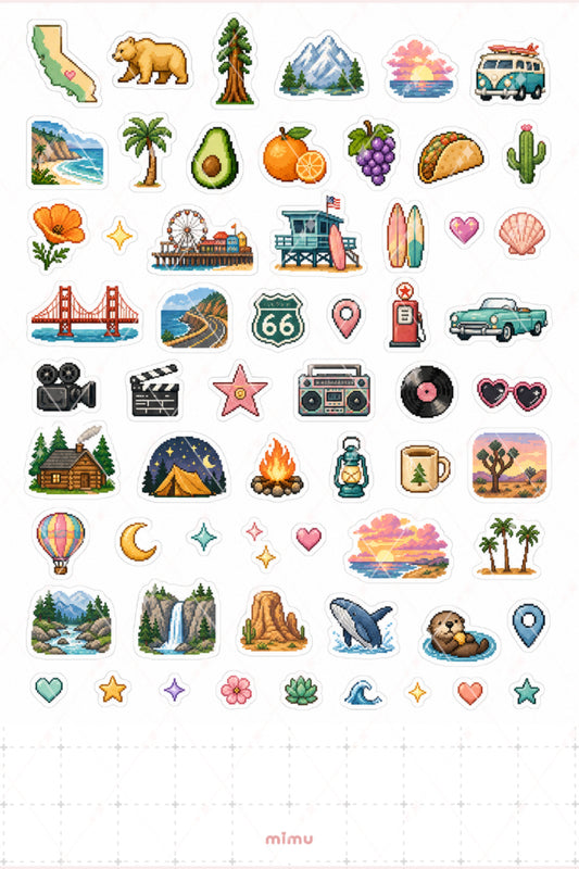 Pixel Art California Sticker Seti Sahil ve Eyalet Temalı Dekoratif 2'li Etiket