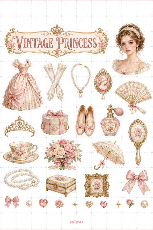 Vintage Princess Sticker Seti Pembe Prenses Gül Temalı 2li Dekoratif Etiket
