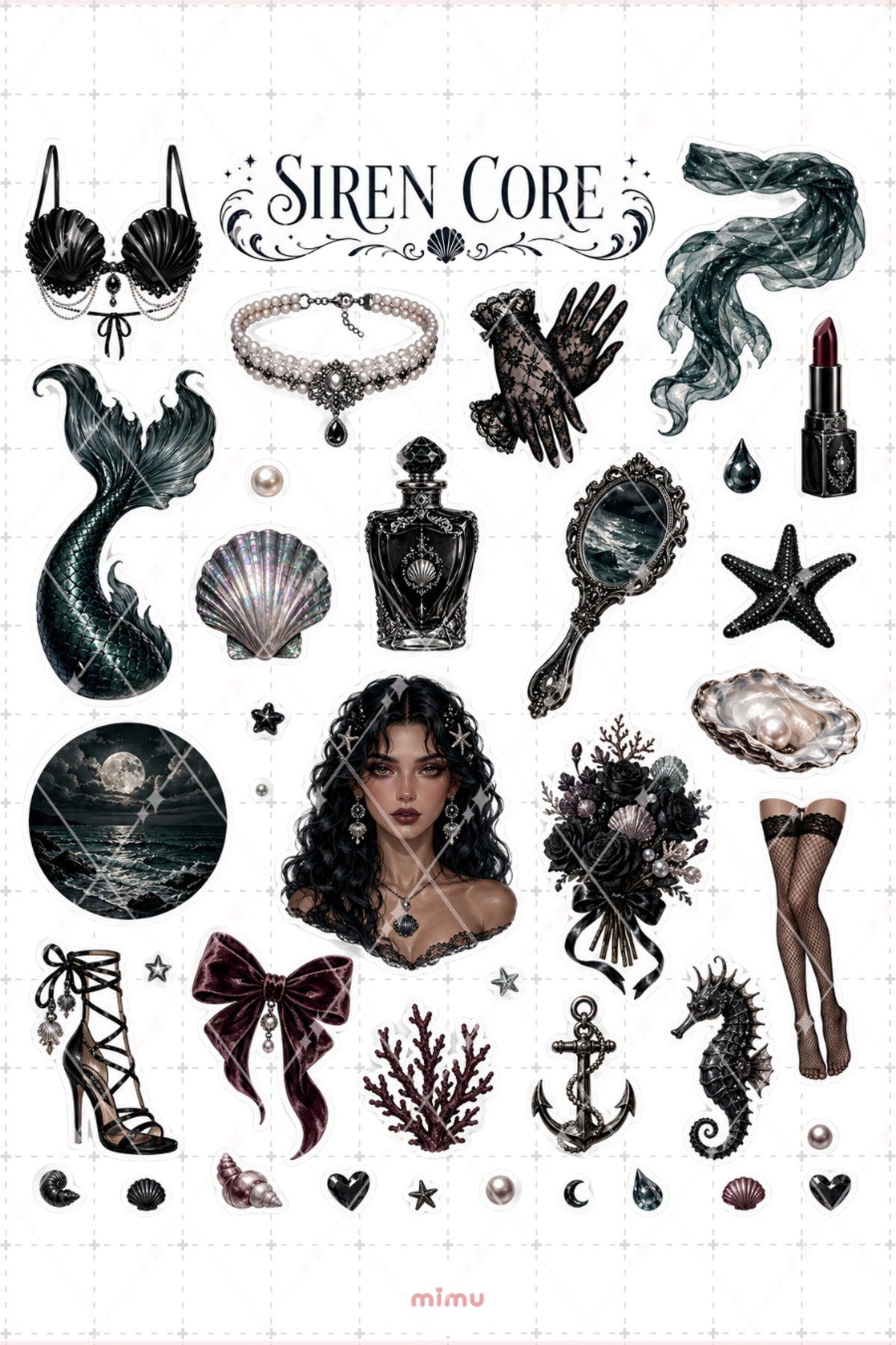 Siren Core Sticker Seti Siyah Deniz Kızı Gotik Deniz Temalı 2li Dekoratif Etiket