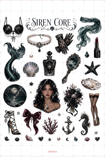 Siren Core Sticker Seti Siyah Deniz Kızı Gotik Deniz Temalı 2li Dekoratif Etiket