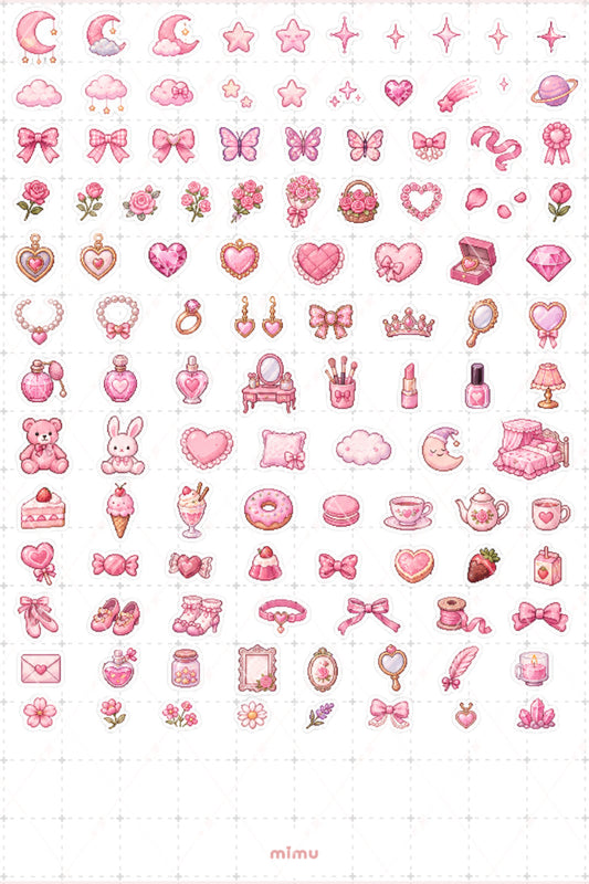 Pixel Art Pembe Renk Sticker Seti Pink Estetik Renk Temalı Dekoratif 2'li Etiket