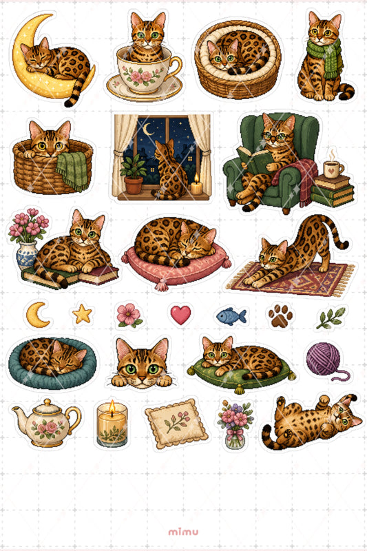 Pixel Art Bengal Kedi Sticker Seti Leopar Desenli Kedi Temalı Dekoratif 2'li Etiket
