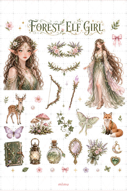 Forest Elf Girl Sticker Seti Orman Elf Çiçek Temalı 2li Dekoratif Etiket