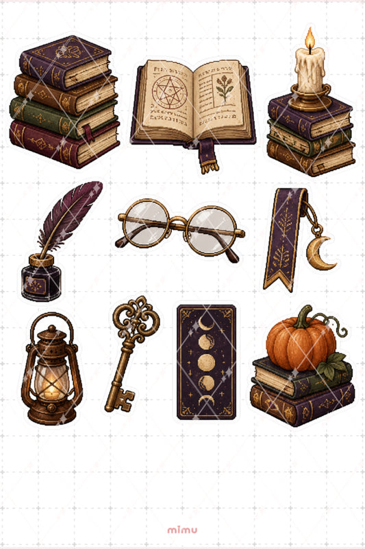 Pixel Art Halloween Sticker Seti Büyü Kitapları Temalı Dekoratif 2'li Etiket 2