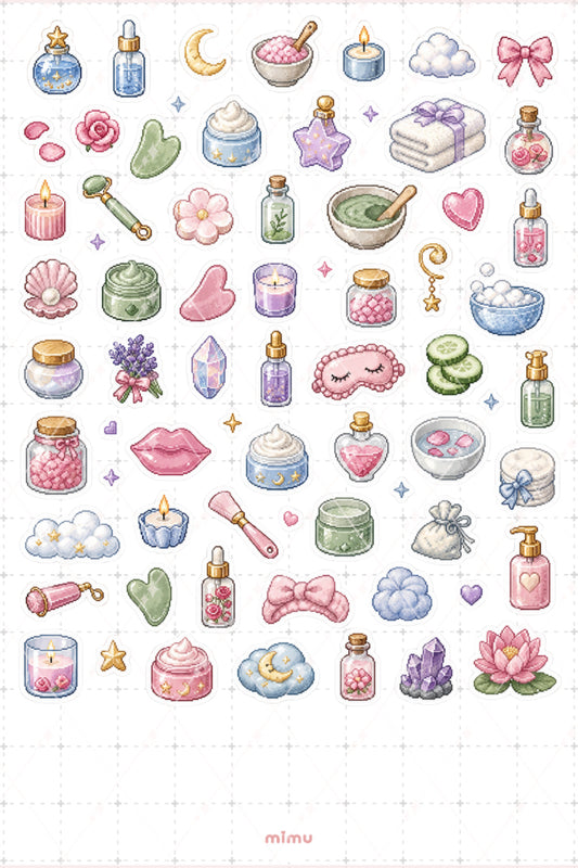 Pixel Art Cilt Bakımı Sticker Seti Skincare Güzellik Temalı Dekoratif 2'li Etiket