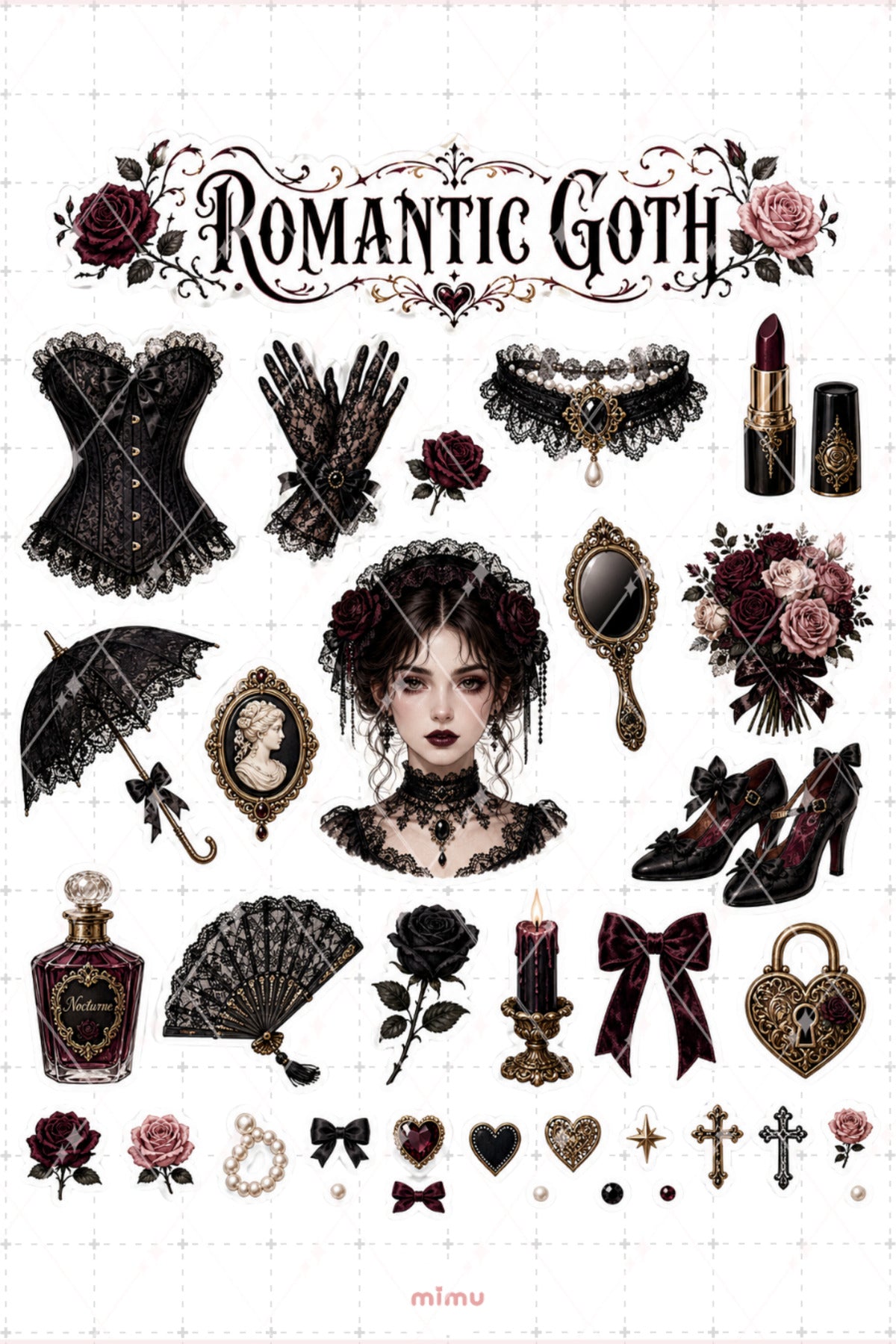 Romantic Goth Sticker Seti Siyah Bordo Gotik Romantik 2li Etiket
