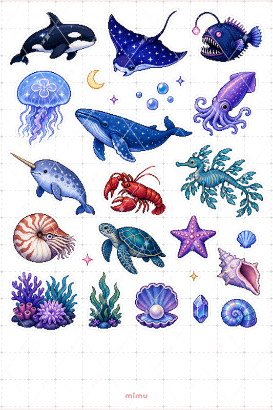Pixel Art Okyanus Canlıları Sticker Seti Deniz Hayvanları Temalı Dekoratif 2'li Etiket