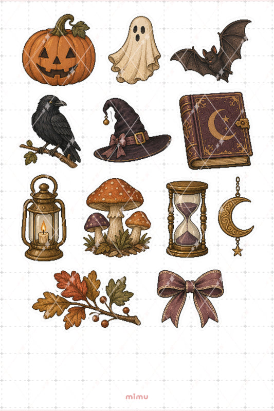 Pixel Art Halloween Sticker Seti Cadı ve Sonbahar Temalı Dekoratif 2'li Etiket