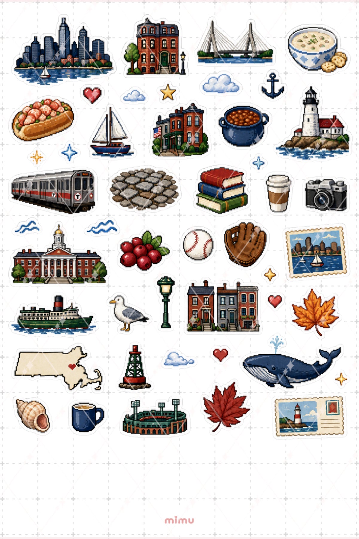 Pixel Art Massachusetts Sticker Seti Amerika Eyalet Temalı Dekoratif 2'li Etiket