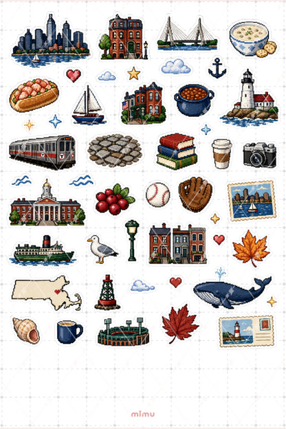 Pixel Art Massachusetts Sticker Seti Amerika Eyalet Temalı Dekoratif 2'li Etiket