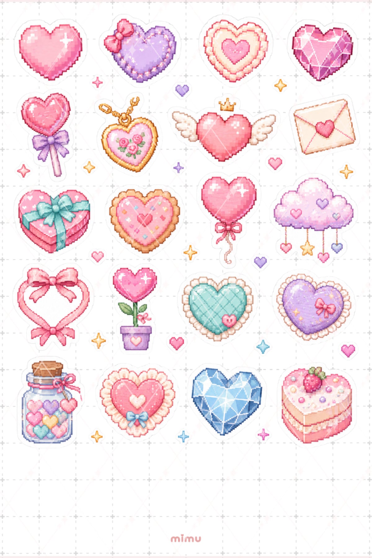 Pixel Art Kalp Sticker Seti Romantik Aşk Temalı Dekoratif 2'li Etiket