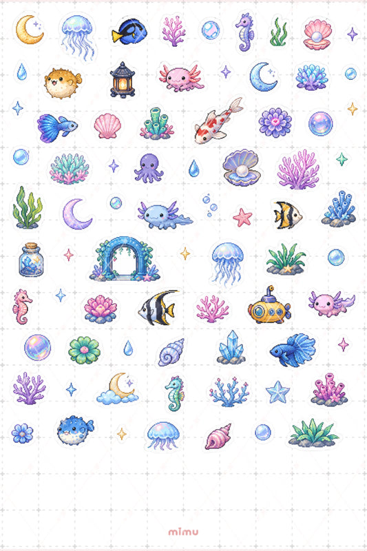 Pixel Art Akvaryum Sticker Seti Balık ve Su Altı Temalı Dekoratif 2'li Etiket