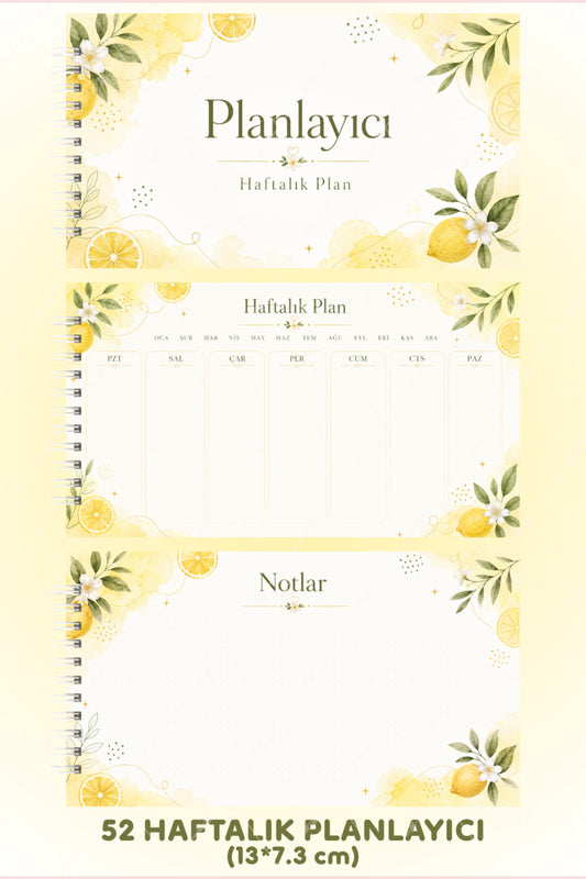 Limonlu Haftalık Planlayıcı Spiralli Sert Kapak 52 Haftalık Not Sayfalı Planner