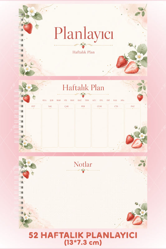Çilekli Haftalık Planlayıcı Spiralli Sert Kapak 52 Haftalık Not Sayfalı Planner