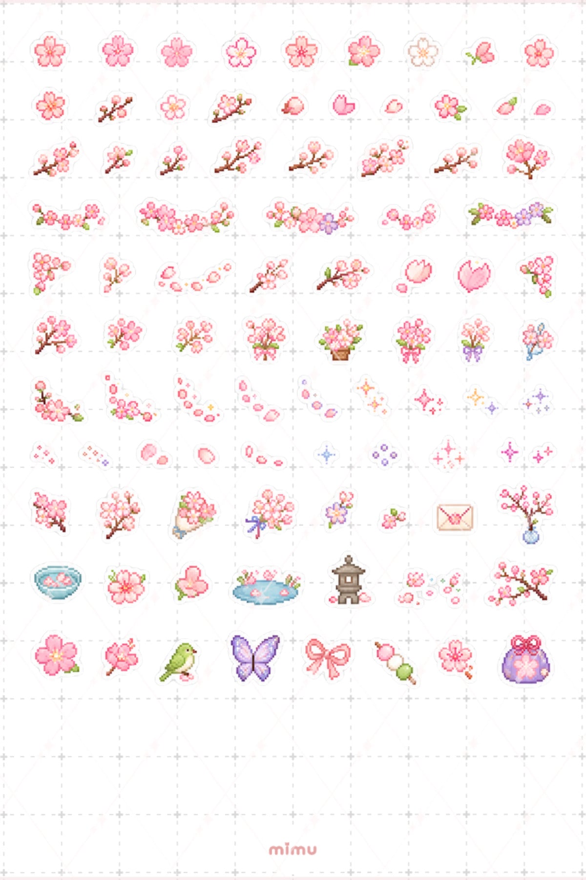 Pixel Art Sakura Sticker Seti Kiraz Çiçeği Japonya Temalı Dekoratif 2'li Etiket