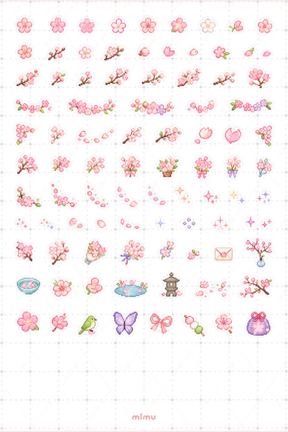 Pixel Art Sakura Sticker Seti Kiraz Çiçeği Japonya Temalı Dekoratif 2'li Etiket