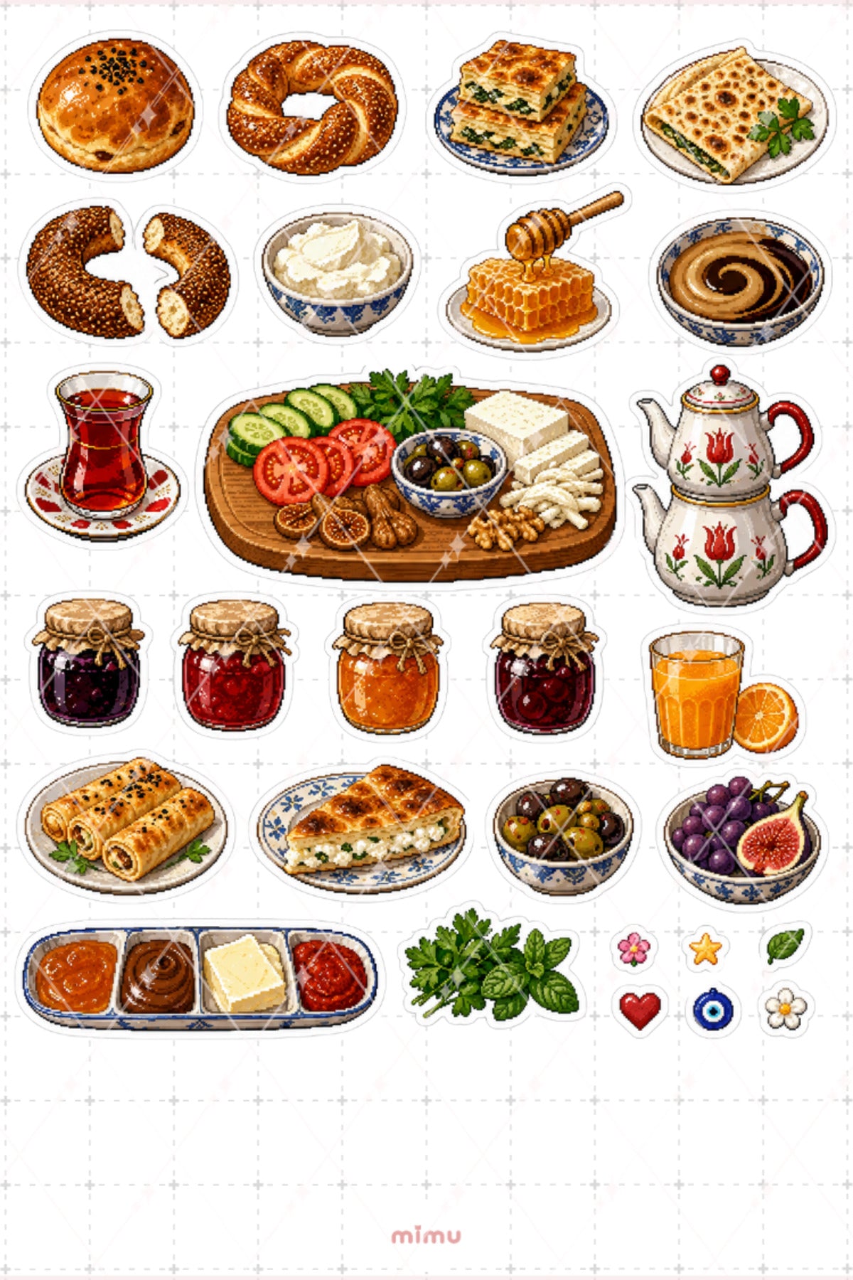 Pixel Art Türk Kahvaltısı Sticker Seti Geleneksel Sofra Temalı Dekoratif 2'li Etiket