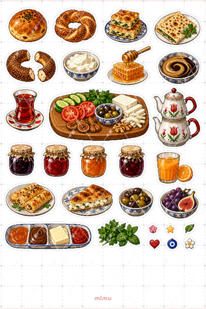 Pixel Art Türk Kahvaltısı Sticker Seti Geleneksel Sofra Temalı Dekoratif 2'li Etiket