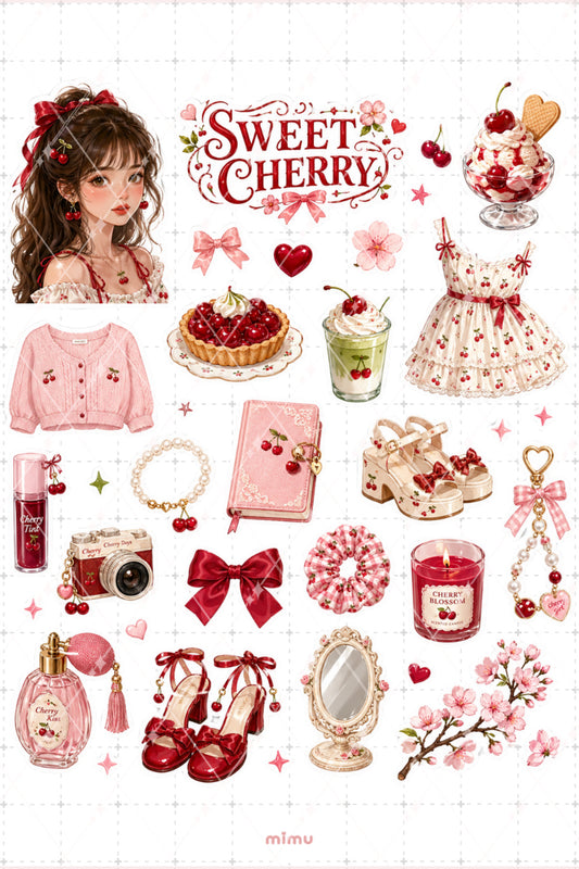 Cherry Girl Sticker Seti Kırmızı Kiraz Kız Temalı 2li Dekoratif Etiket