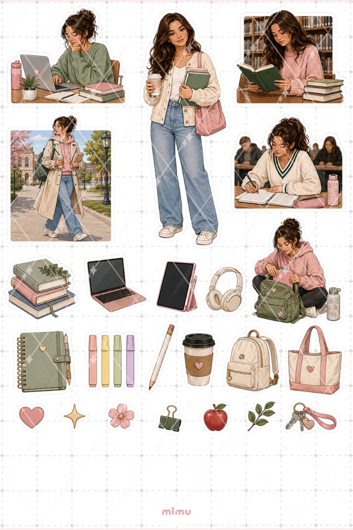Ders Çalışan Kız Sticker Seti Lila Kampüs Planlayıcı Temalı Dekoratif 2'li Etiket
