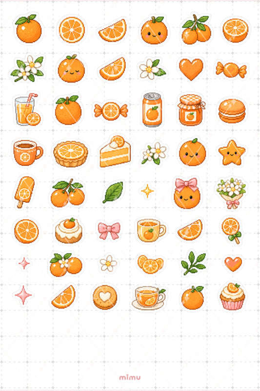 Pixel Art Portakal Sticker Seti Orange Narenciye Meyve Temalı Dekoratif 2'li Etiket