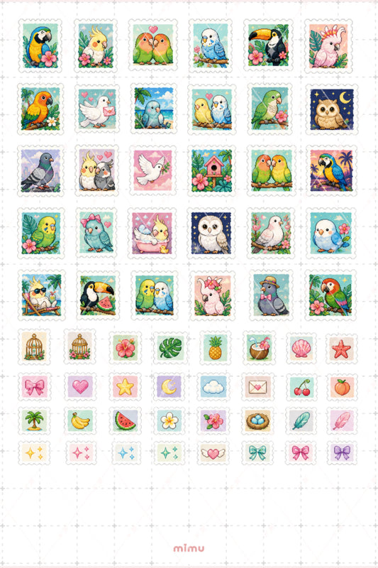 Pixel Art Kuş Pul Sticker Seti Vintage Posta Temalı Dekoratif 2'li Etiket