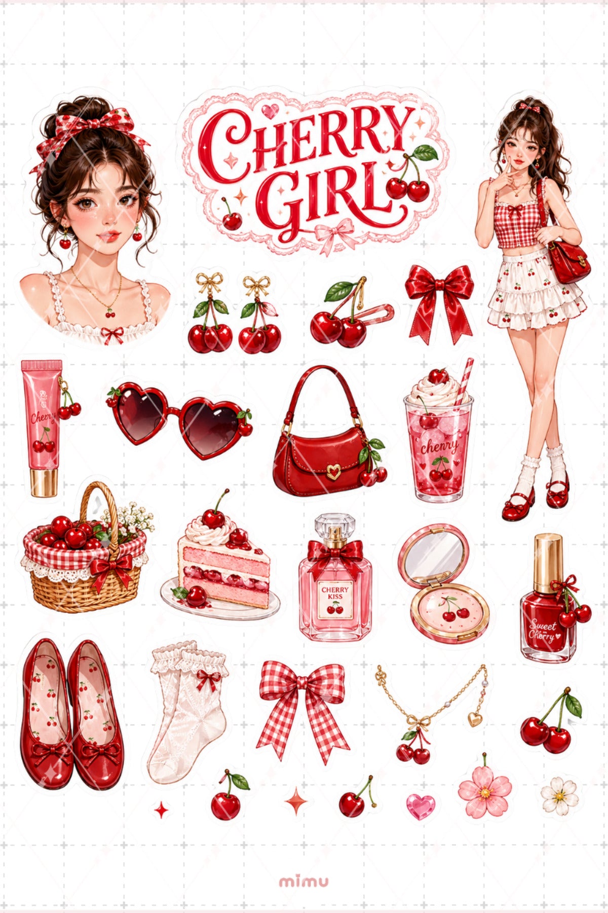 Cherry Girl Sticker Seti Kırmızı Kiraz Kız Temalı 2li Dekoratif Etiket