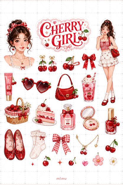 Cherry Girl Sticker Seti Kırmızı Kiraz Kız Temalı 2li Dekoratif Etiket
