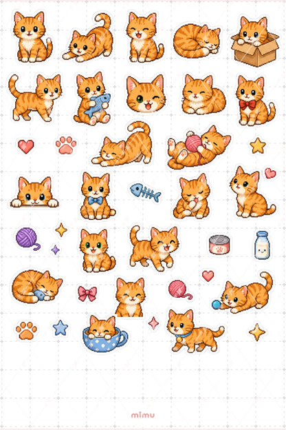 Pixel Art Turuncu Kedi Sticker Seti Orange Cat Patili Dost Temalı Dekoratif 2'li Etiket