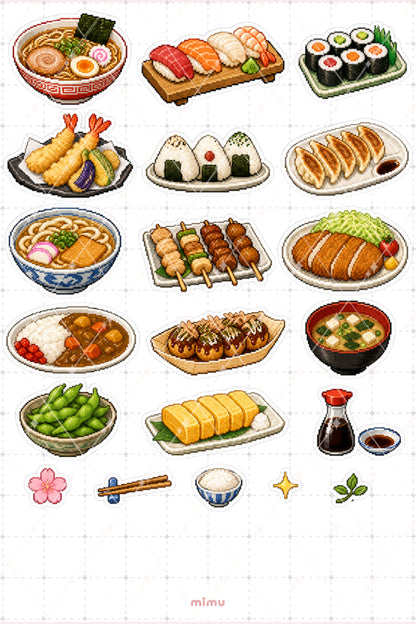 Pixel Art Japon Mutfağı Sticker Seti Sushi ve Ramen Temalı Dekoratif 2'li Etiket