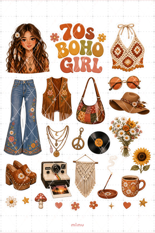 70s Boho Girl Sticker Seti Retro Çiçek Kız Temalı 2li Dekoratif Etiket