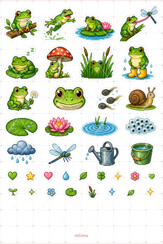 Pixel Art Kurbağa Sticker Seti Frog Doğa ve Gölet Temalı Dekoratif 2'li Etiket
