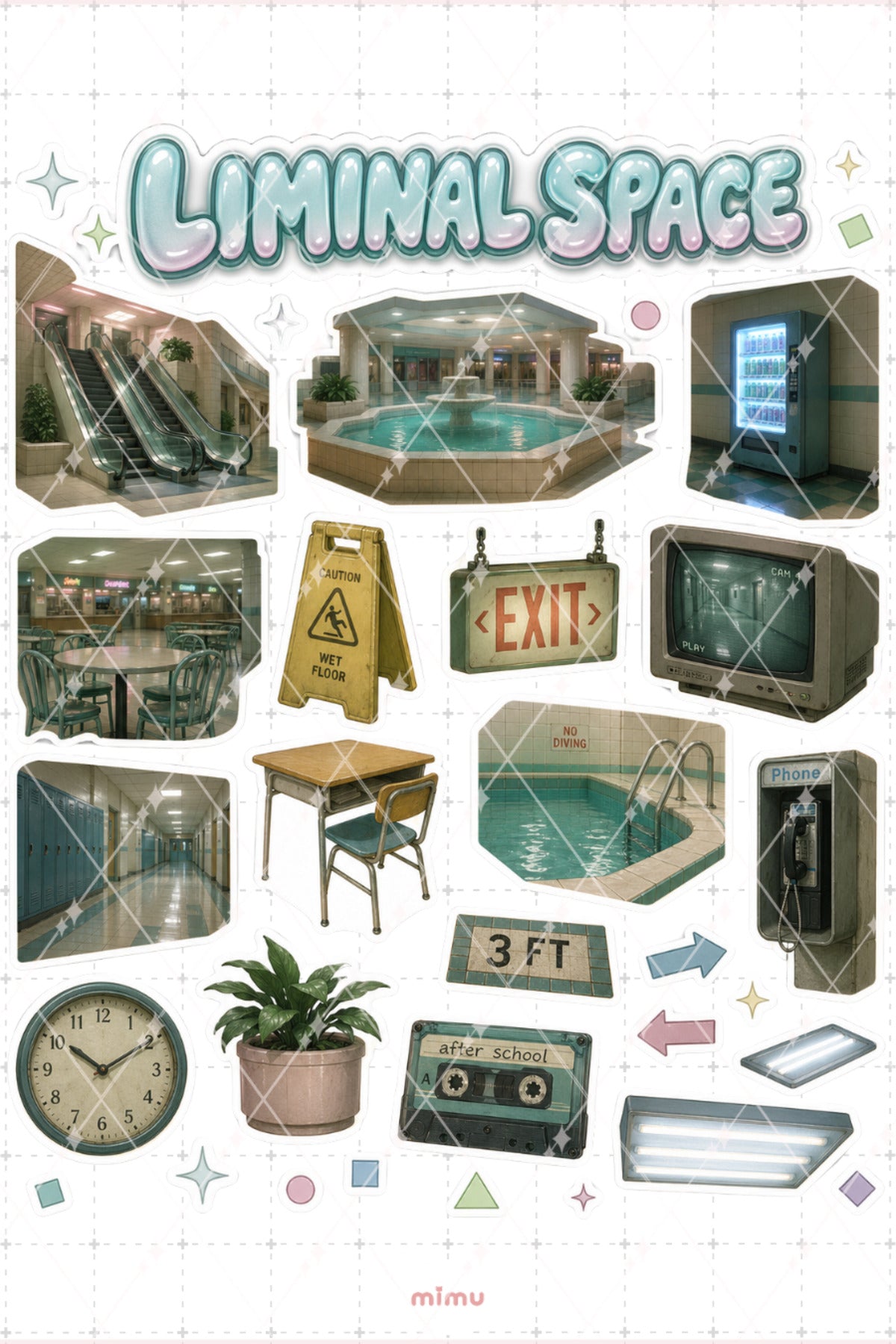 Liminal Space Sticker Seti Nostaljik AVM Havuz Okul Koridoru 2li Etiket
